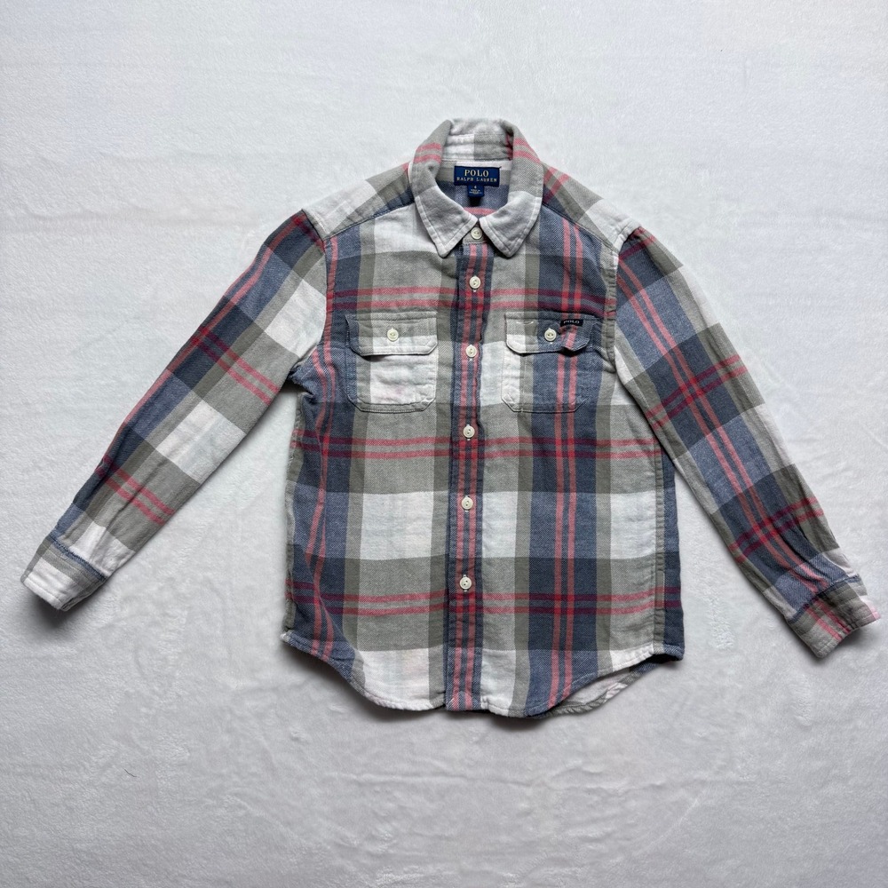 Polo Ralph Lauren Boys Plaid Flannel Button Down Shirt Size 6 Red‎ Gray Blue
